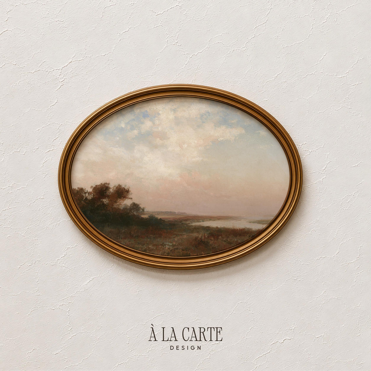 Vintage-style countryside waterside poster — tranquil natural vista with muted dusty palette and contemplative early light mood