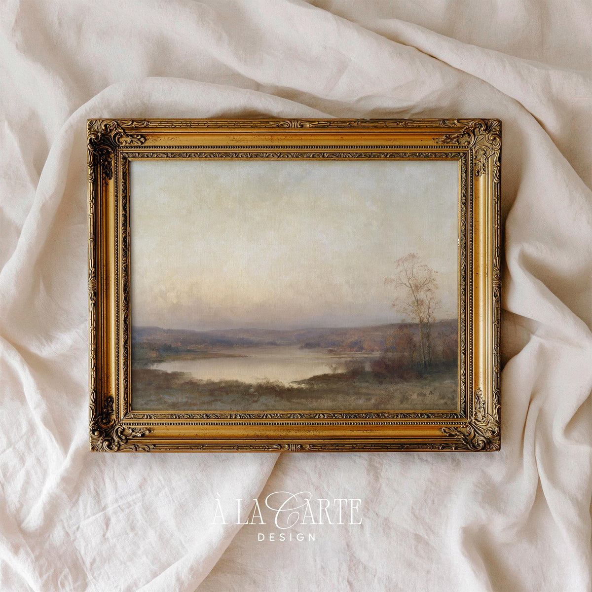 Moody countryside painting wall art for living room — soft watercolor aesthetic with hazy hills and still water