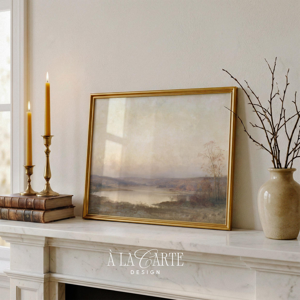 Quiet fall pastoral print for living room — creamy vintage-style composition with lone tree and calm waterside setting
