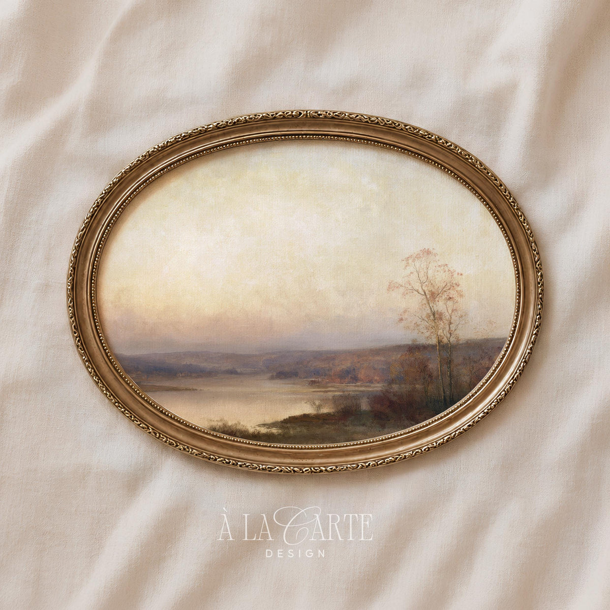 Autumn lake landscape printable art for bedroom — muted vintage painting with misty shoreline and lone tree