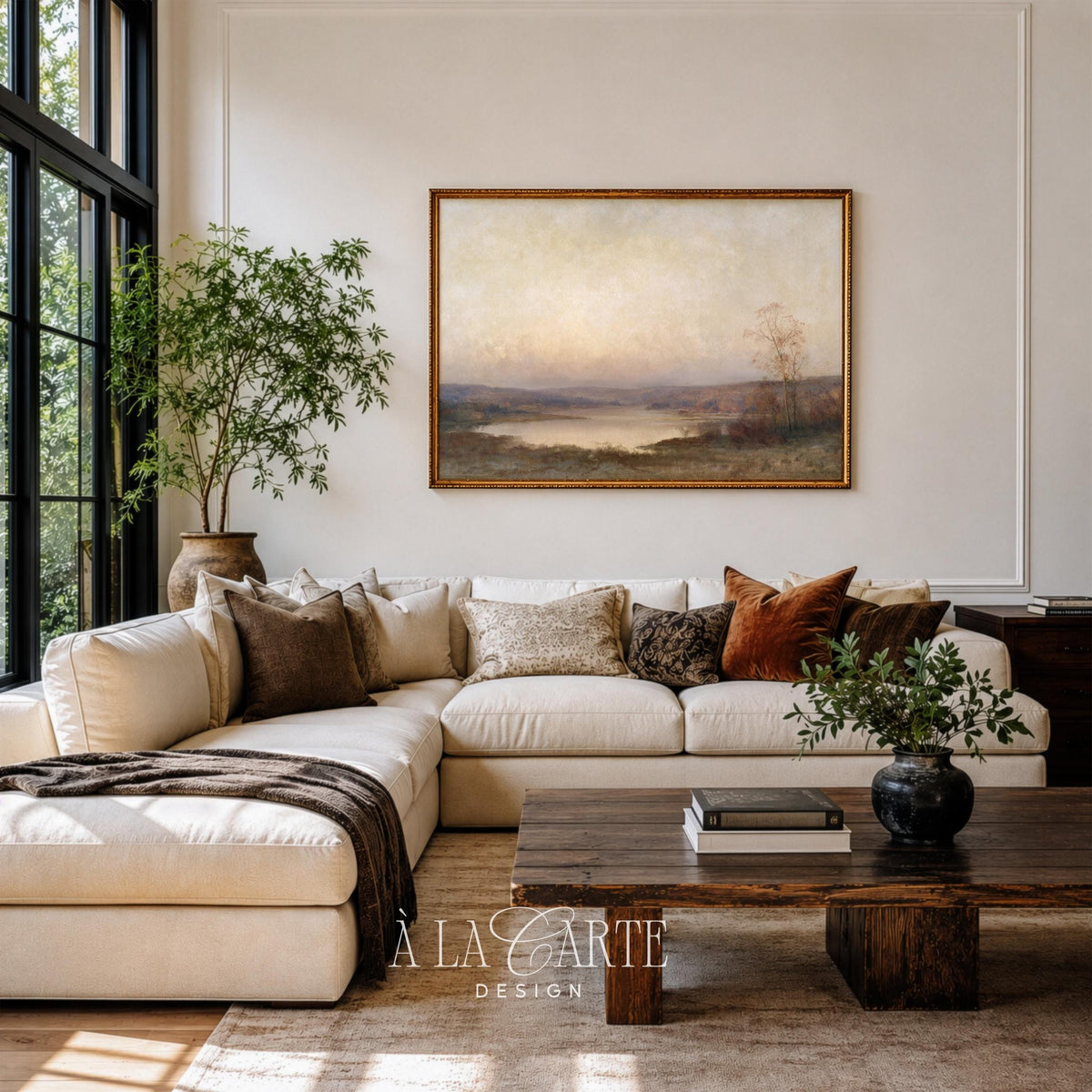 Serene lakeside artwork print for study — cozy cottage-core aesthetic with golden grasses and pale sky reflection