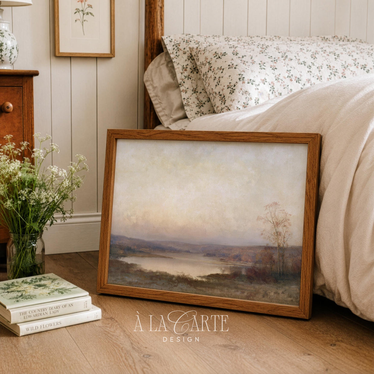 Peaceful countryside scene poster for dining room — minimalist landscape with bare branches and misty atmosphere