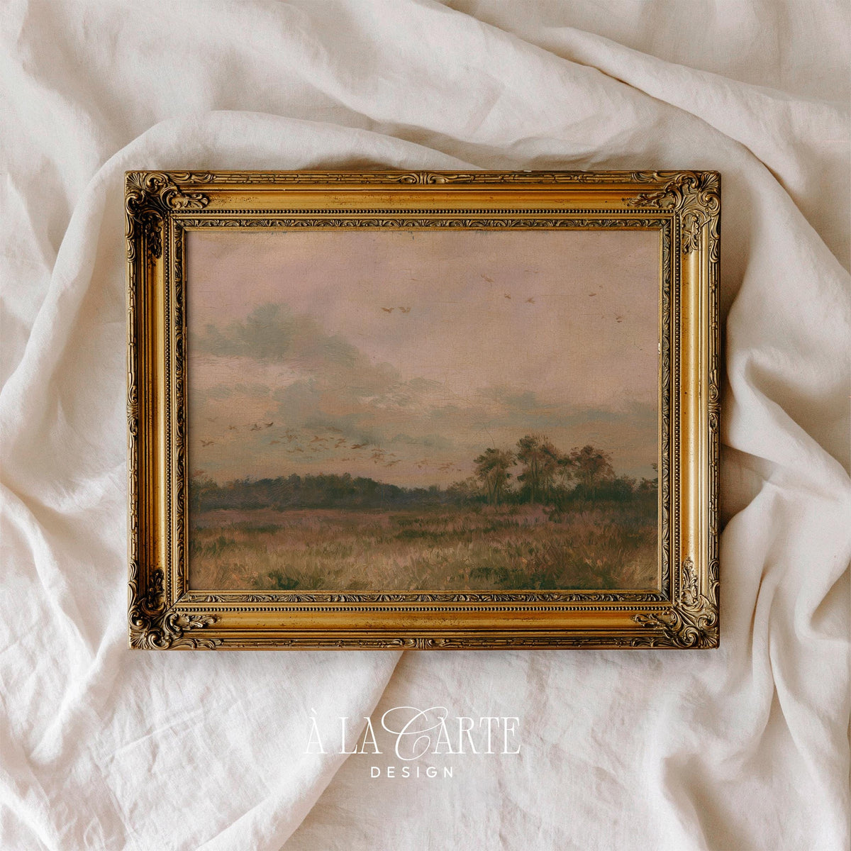 Vintage pastoral wall art for farmhouse — moody late-day landscape with sage greens and warm earth tones