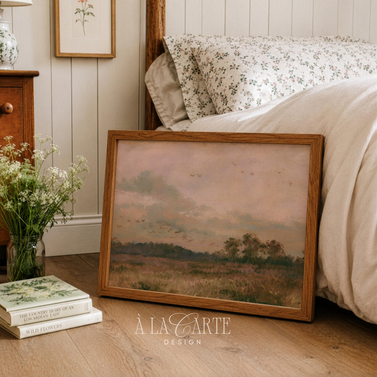 Vintage fall landscape poster for bedroom — moody pastoral scene with sage green and dusty rose tones