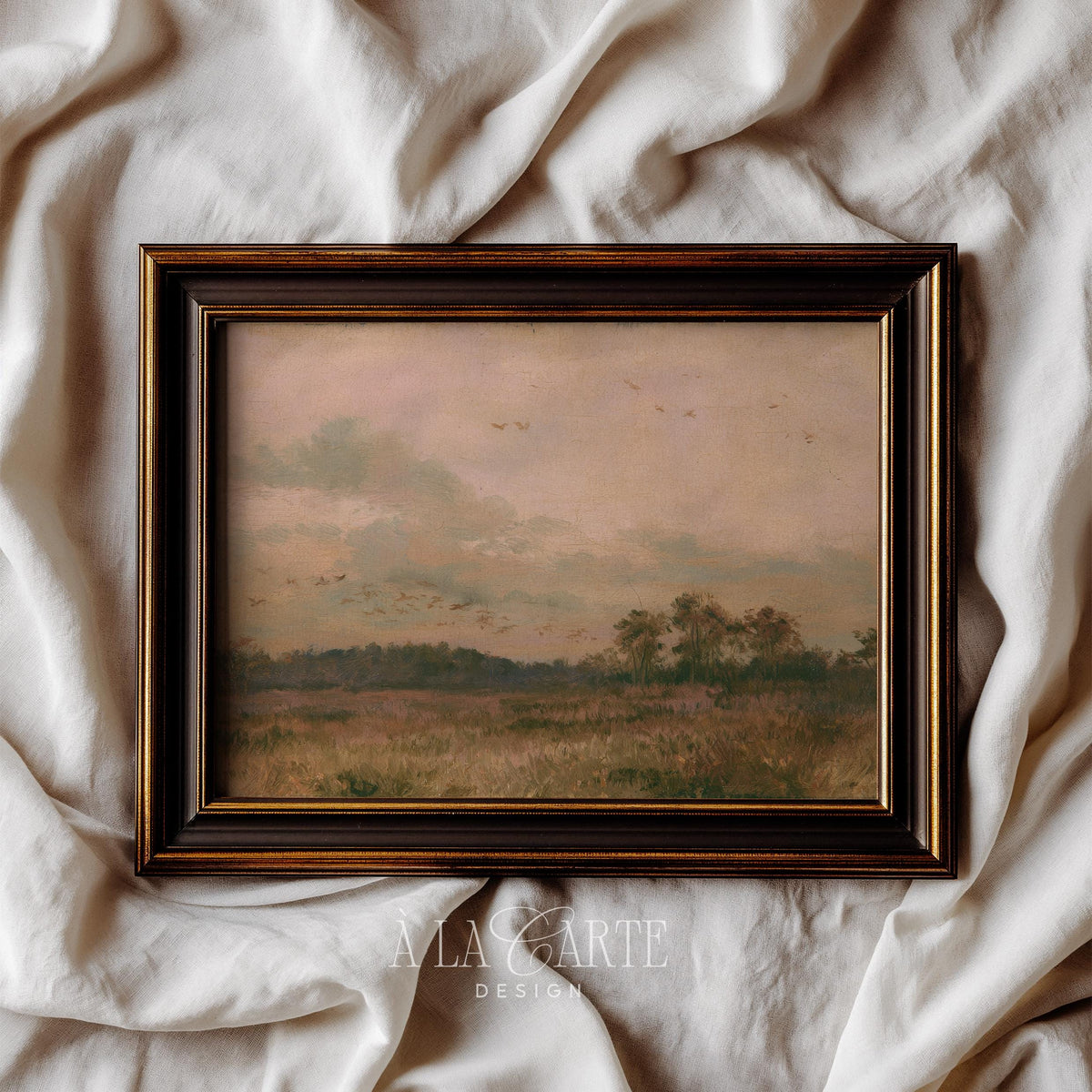 Peaceful harvest season painting for living room — vintage-style meadow with scattered birds and antique charm
