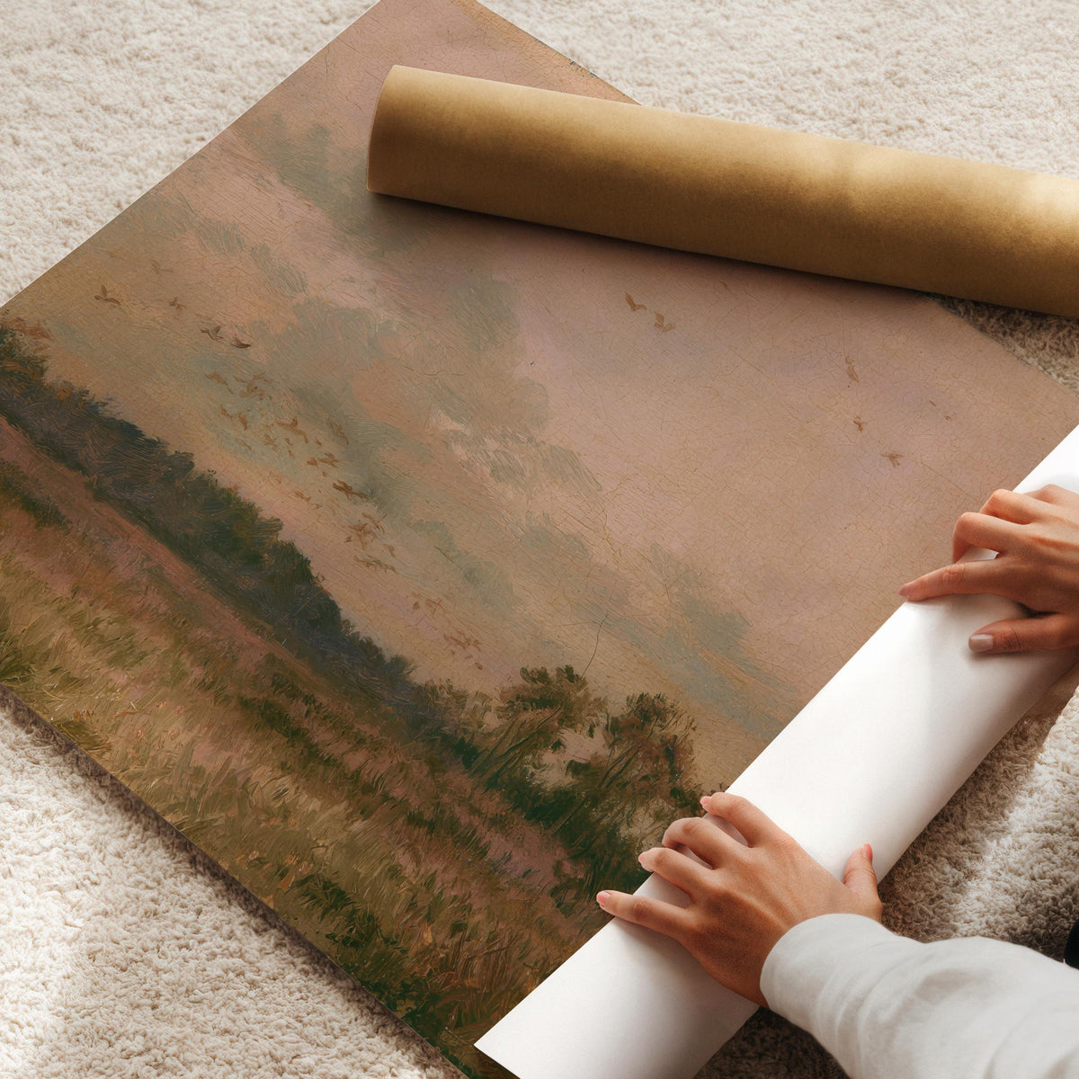 Rustic autumn field wall art — serene countryside with distant tree silhouette and golden brown palette