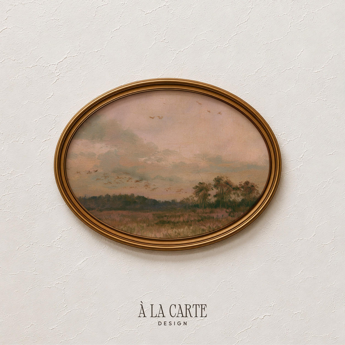 Golden hour countryside wall art — rustic fall field with grazing birds and hazy atmospheric mood