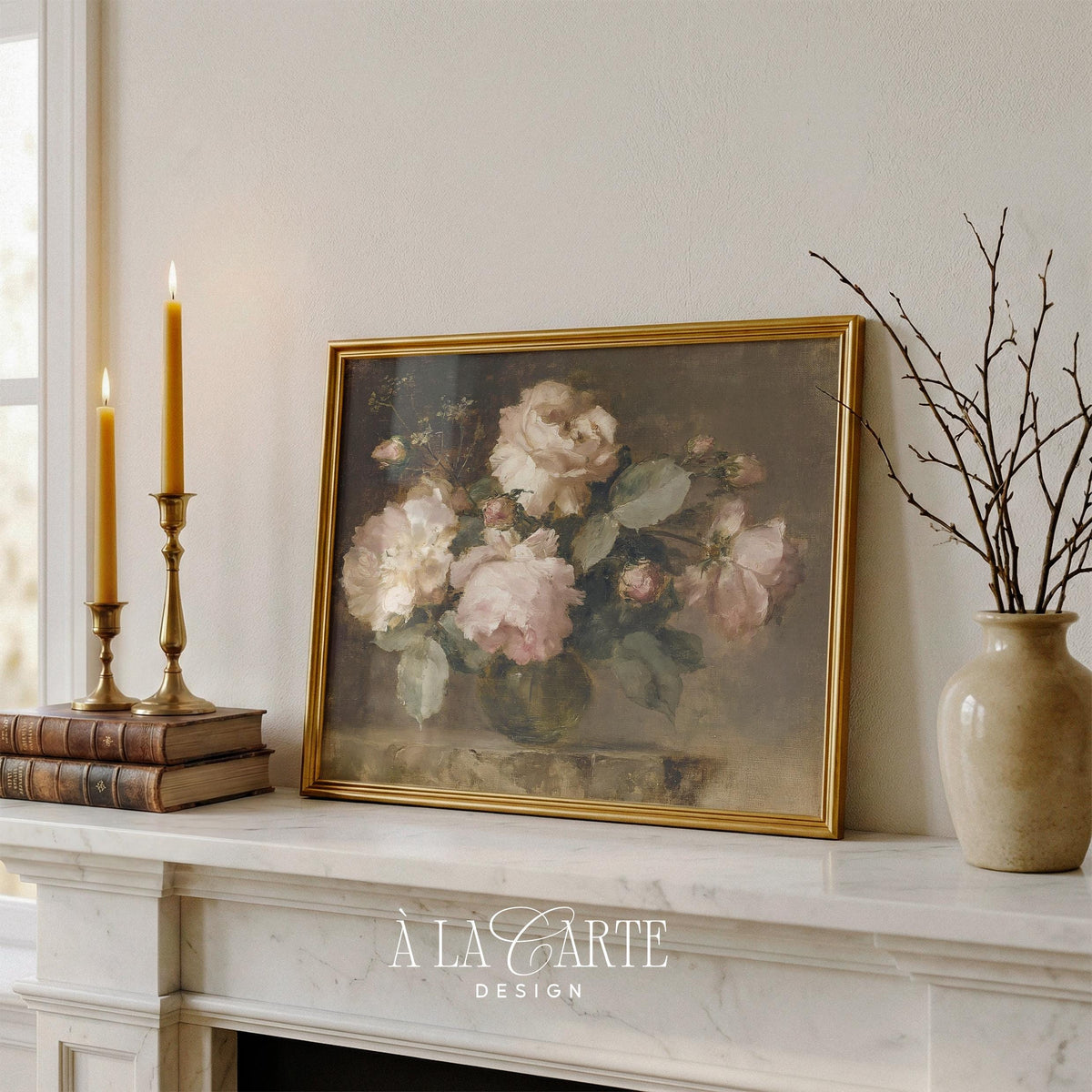 Blush Pink Roses Printable, Muted Floral Still Life, Vintage Rose Download, Cottagecore Floral Wall Art, Horizontal Moody Floral Print H91