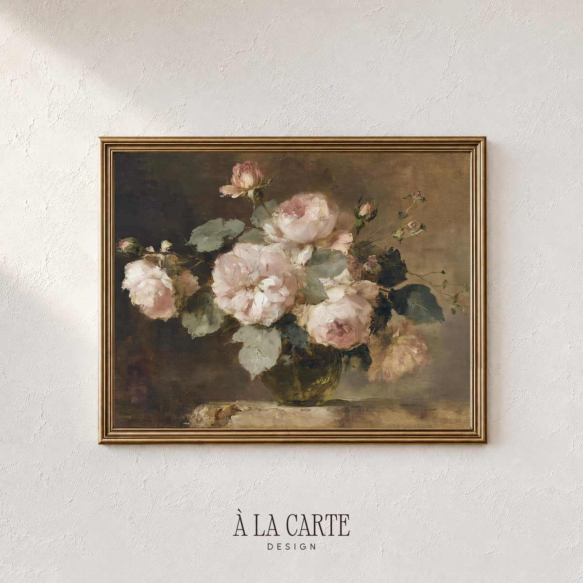 Moody Pink Roses Wall Art, Vintage Floral Still Life, Romantic Rose Oil Painting, Cottagecore Printable, Horizontal Moody Floral Print H89