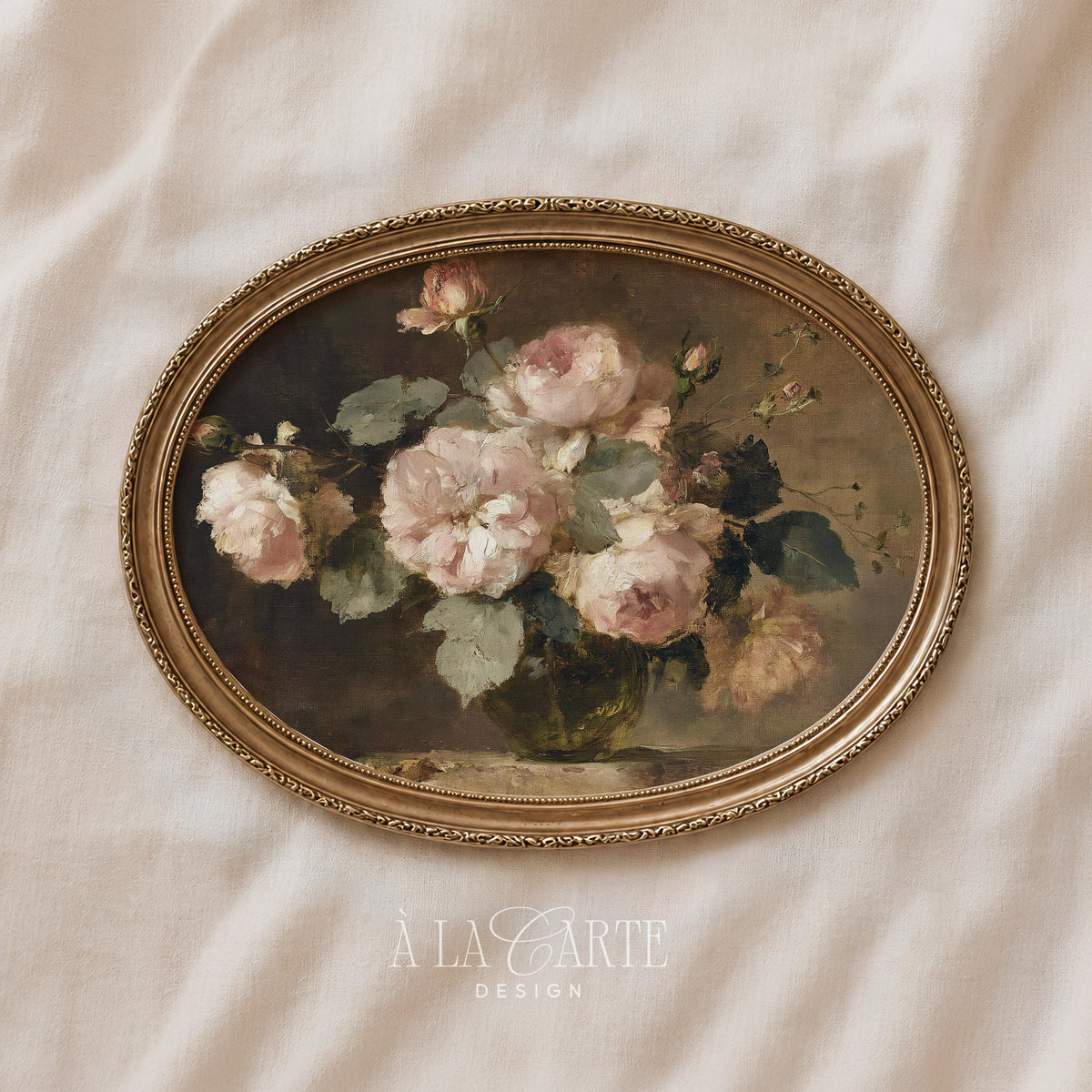 Moody Pink Roses Wall Art, Vintage Floral Still Life, Romantic Rose Oil Painting, Cottagecore Printable, Horizontal Moody Floral Print H89