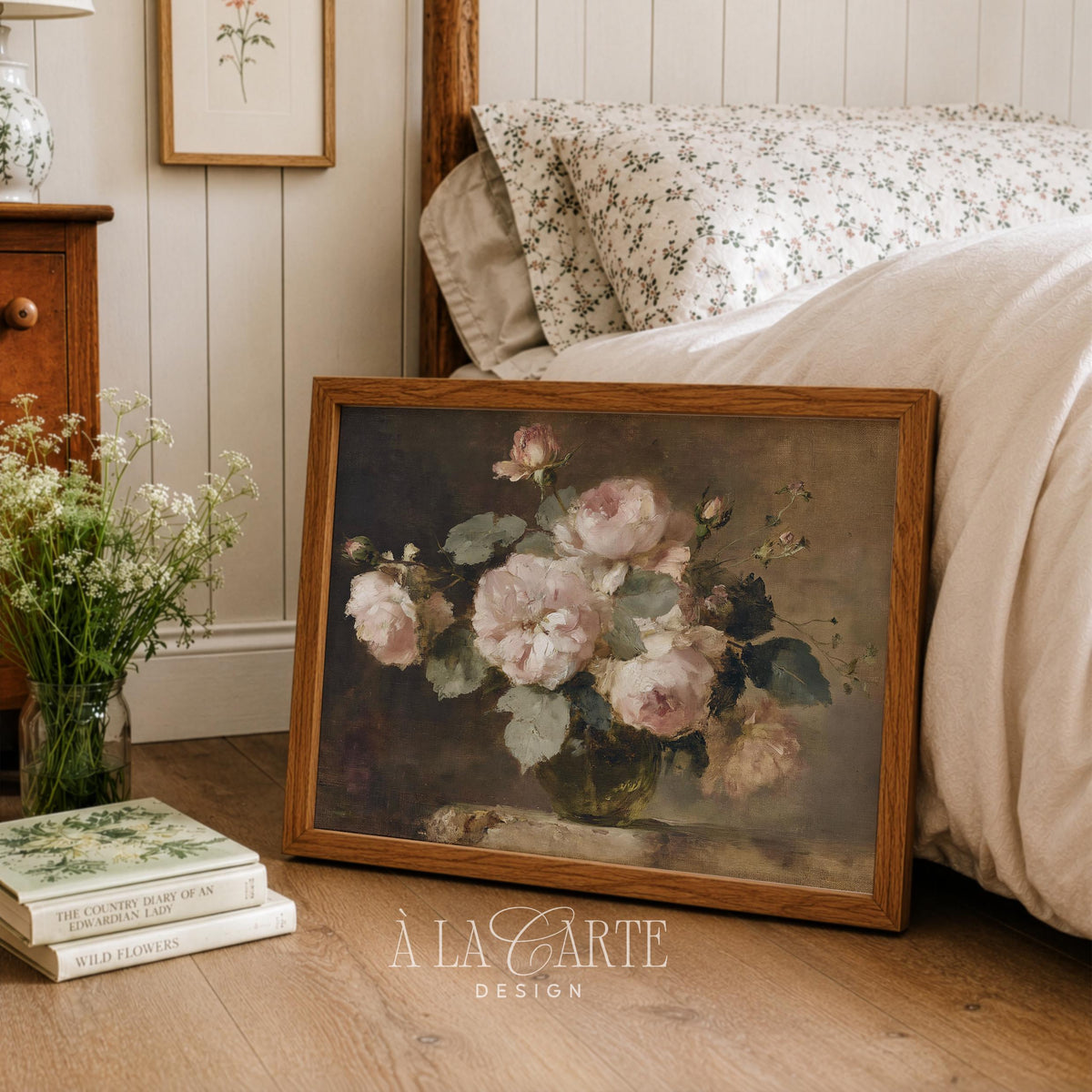 Moody Pink Roses Wall Art, Vintage Floral Still Life, Romantic Rose Oil Painting, Cottagecore Printable, Horizontal Moody Floral Print H89