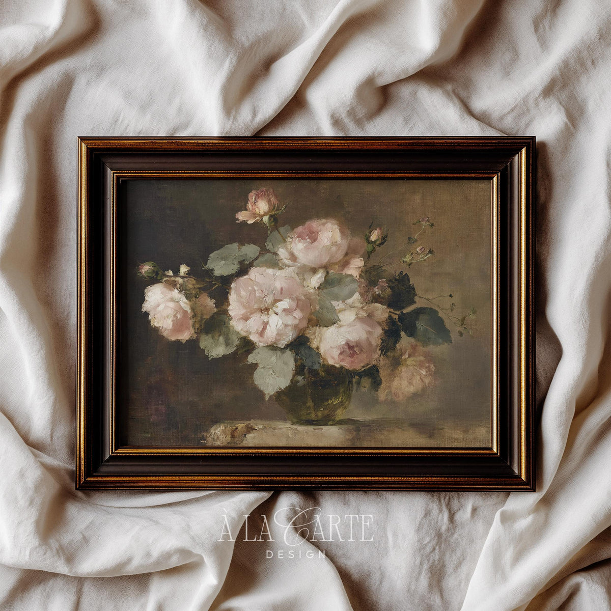 Moody Pink Roses Wall Art, Vintage Floral Still Life, Romantic Rose Oil Painting, Cottagecore Printable, Horizontal Moody Floral Print H89