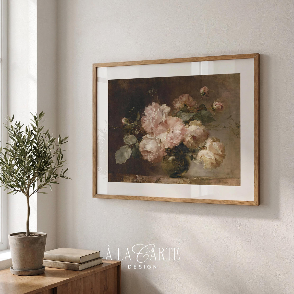 Vintage Blush Roses Wall Art, Moody Floral Oil Painting, Antique Rose Still Life, Romantic Printable, Horizontal Moody Floral Print H90