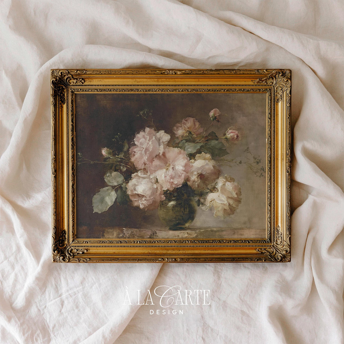 Vintage Blush Roses Wall Art, Moody Floral Oil Painting, Antique Rose Still Life, Romantic Printable, Horizontal Moody Floral Print H90