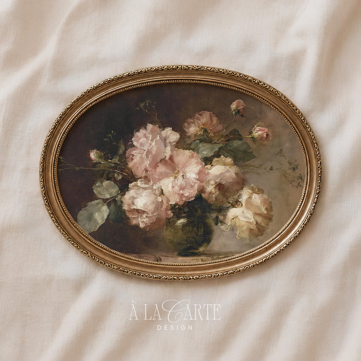Vintage Blush Roses Wall Art, Moody Floral Oil Painting, Antique Rose Still Life, Romantic Printable, Horizontal Moody Floral Print H90