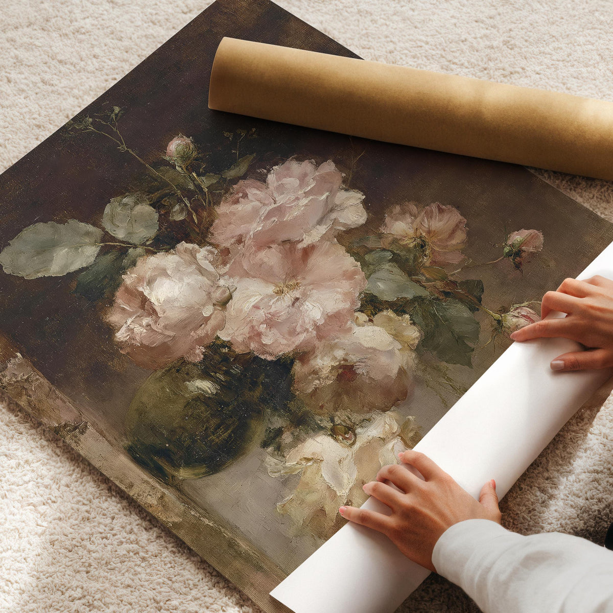 Vintage Blush Roses Wall Art, Moody Floral Oil Painting, Antique Rose Still Life, Romantic Printable, Horizontal Moody Floral Print H90