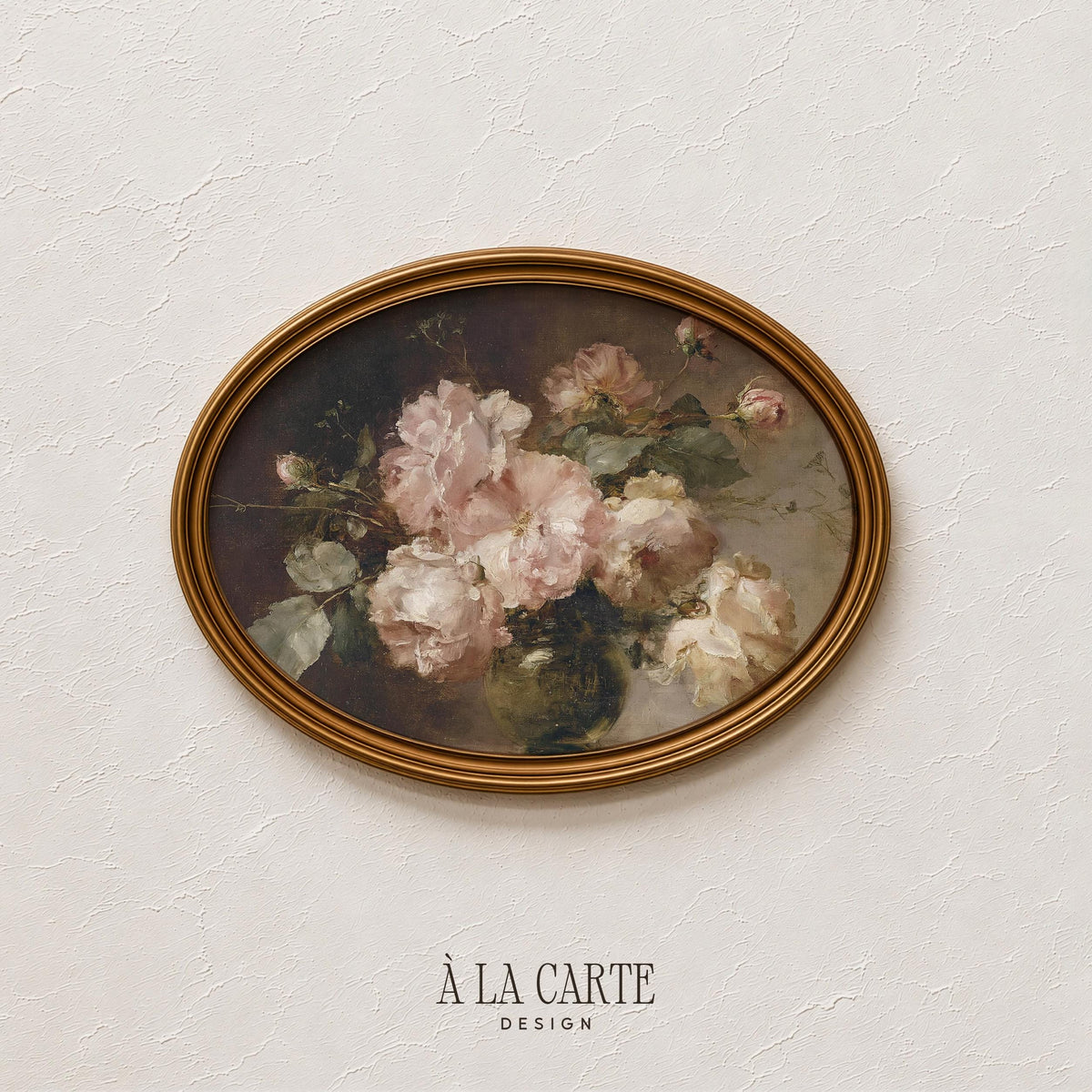 Vintage Blush Roses Wall Art, Moody Floral Oil Painting, Antique Rose Still Life, Romantic Printable, Horizontal Moody Floral Print H90