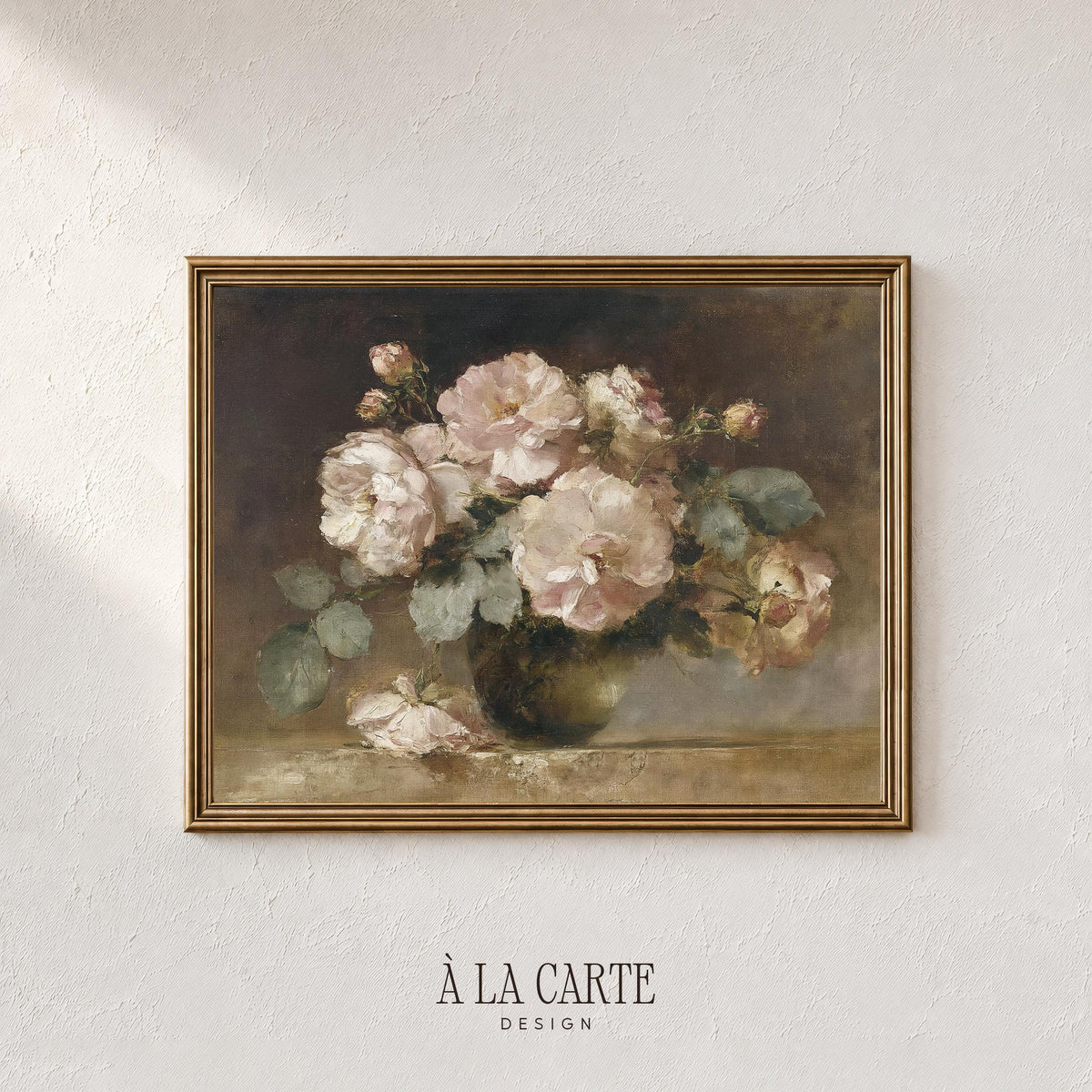Moody Rose Wall Art, Romantic Floral Still Life, Vintage Blush Pink Floral Art, Floral Bedroom Printable, Horizontal Moody Flowers Print H92