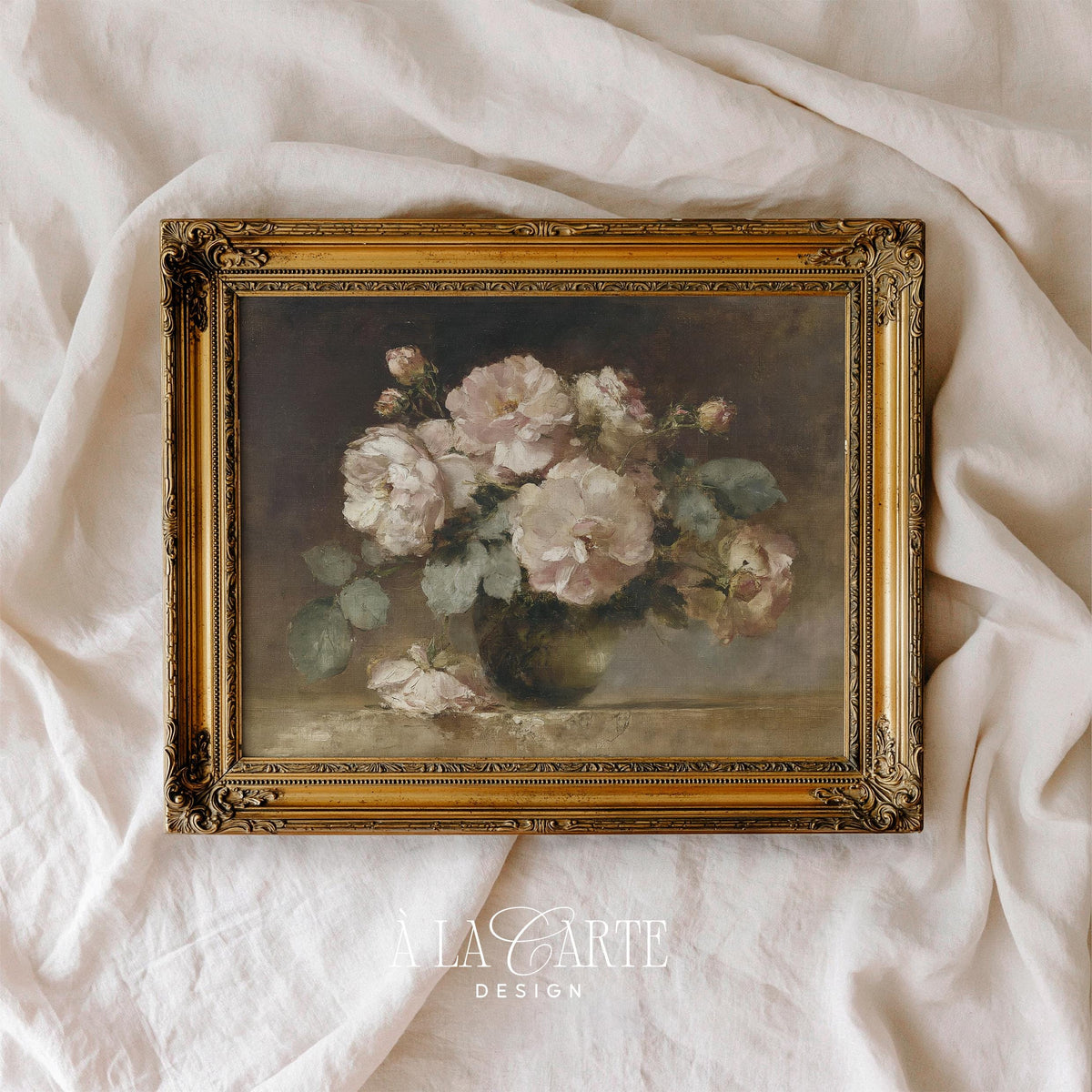 Moody Rose Wall Art, Romantic Floral Still Life, Vintage Blush Pink Floral Art, Floral Bedroom Printable, Horizontal Moody Flowers Print H92