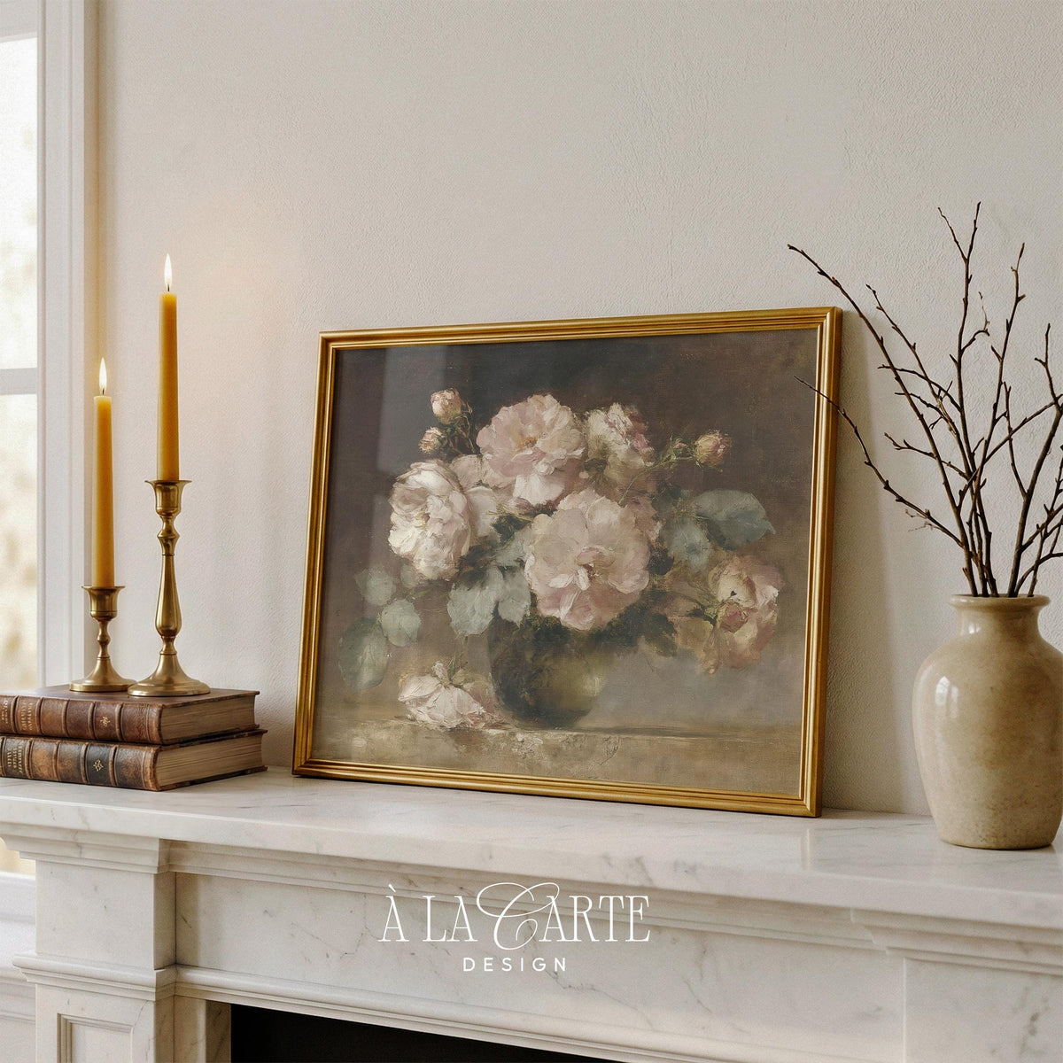 Moody Rose Wall Art, Romantic Floral Still Life, Vintage Blush Pink Floral Art, Floral Bedroom Printable, Horizontal Moody Flowers Print H92