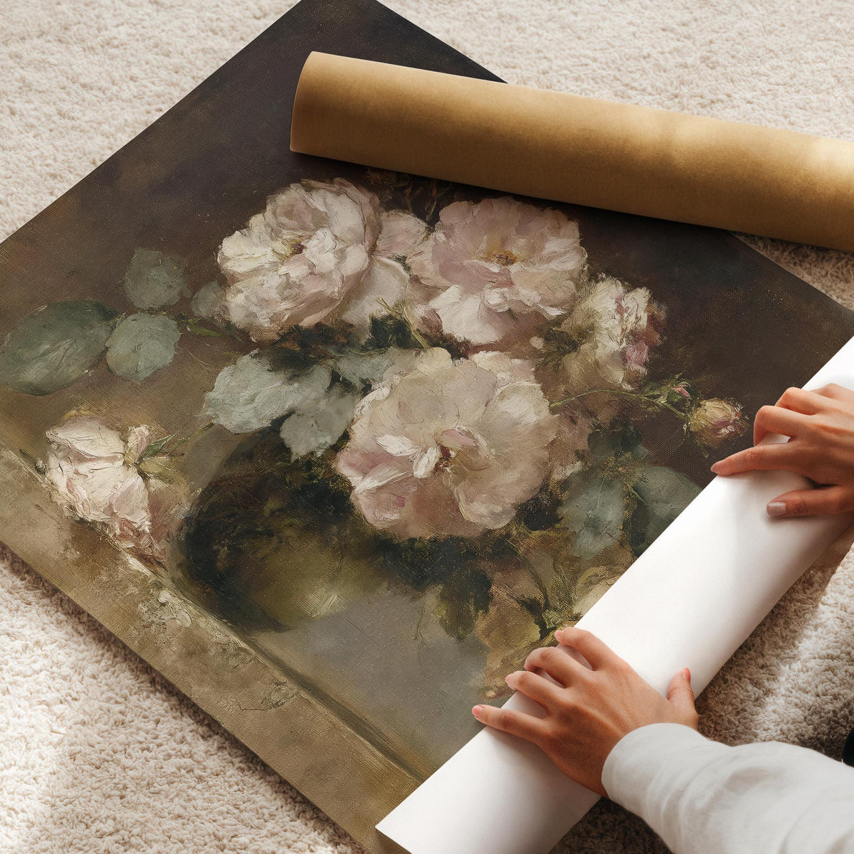 Moody Rose Wall Art, Romantic Floral Still Life, Vintage Blush Pink Floral Art, Floral Bedroom Printable, Horizontal Moody Flowers Print H92