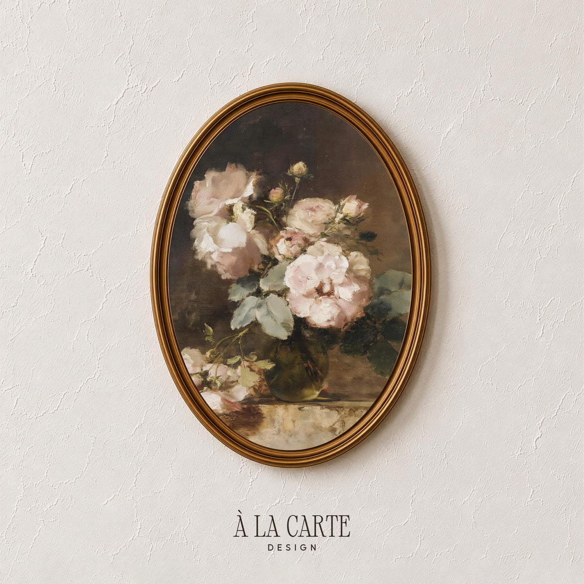 Vintage flower arrangement picture for entryway — classic rose study with aged elegance and shadows