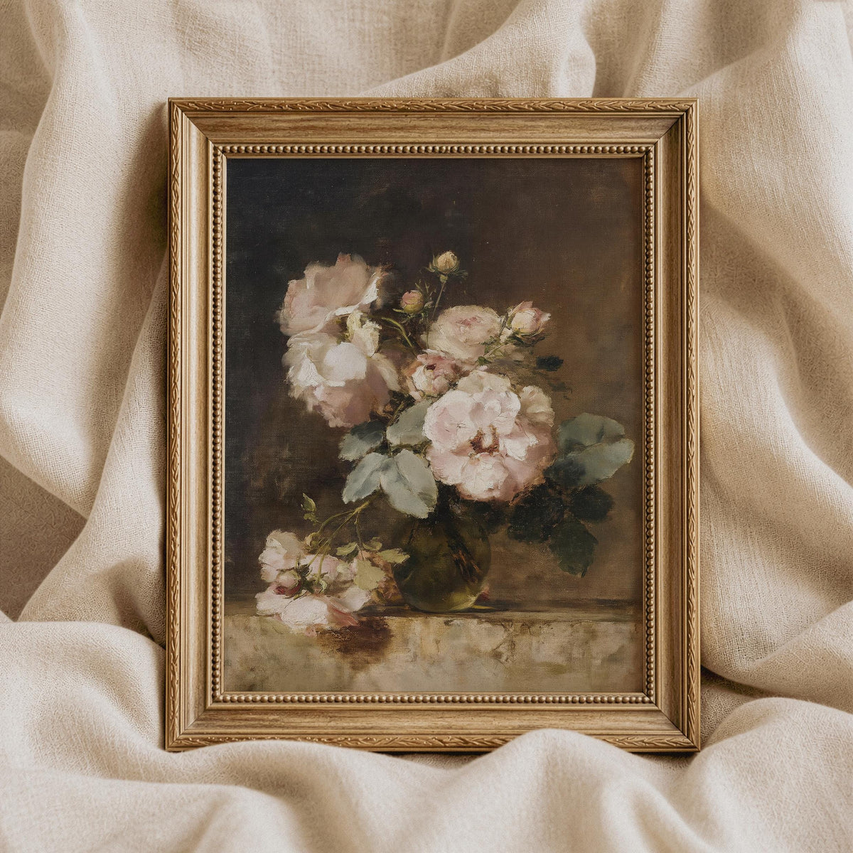 Romantic rose painting digital print for living room — soft cream blooms with dramatic shadowy background