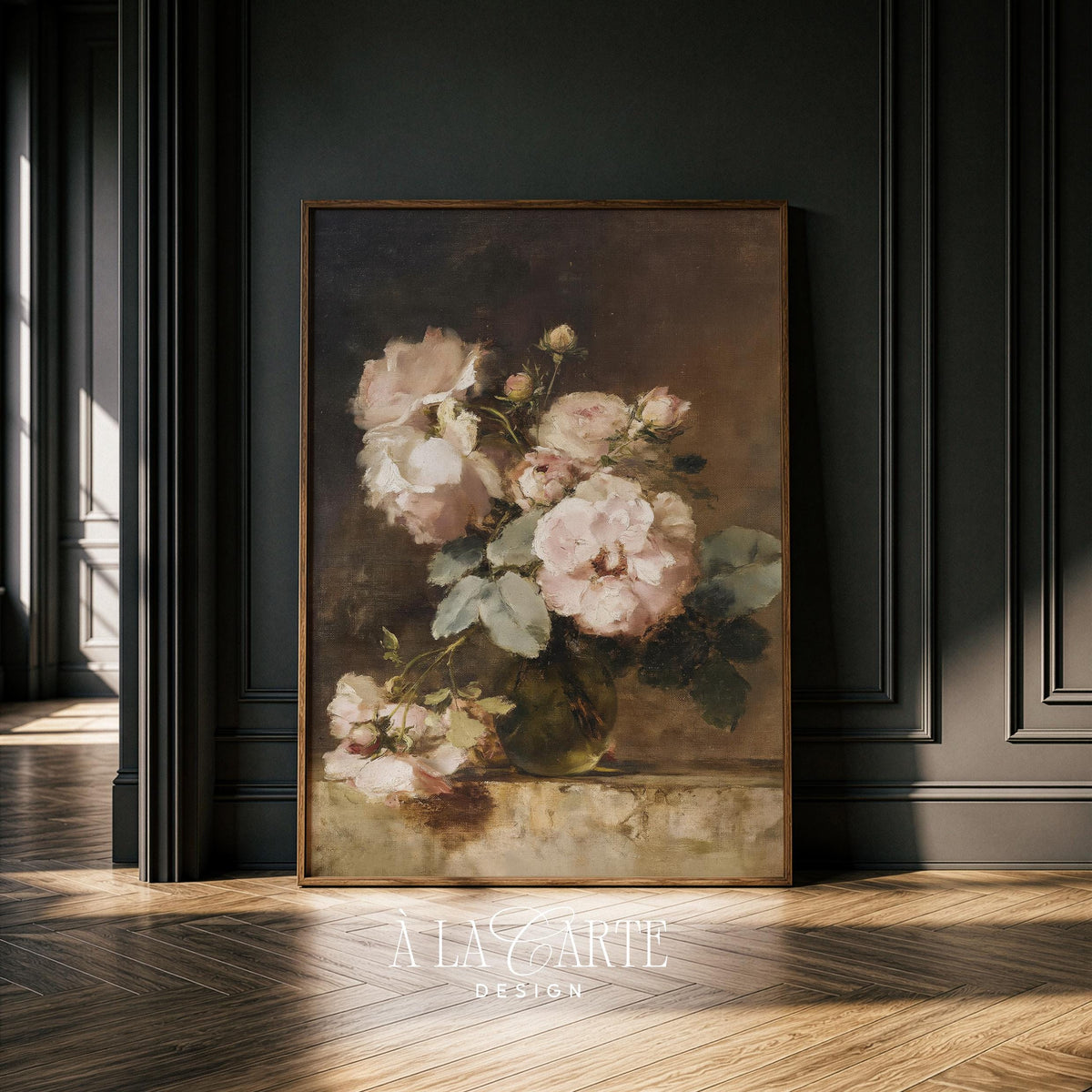 Classical bouquet painting printable art for dining room — romantic roses with soft painterly brushwork