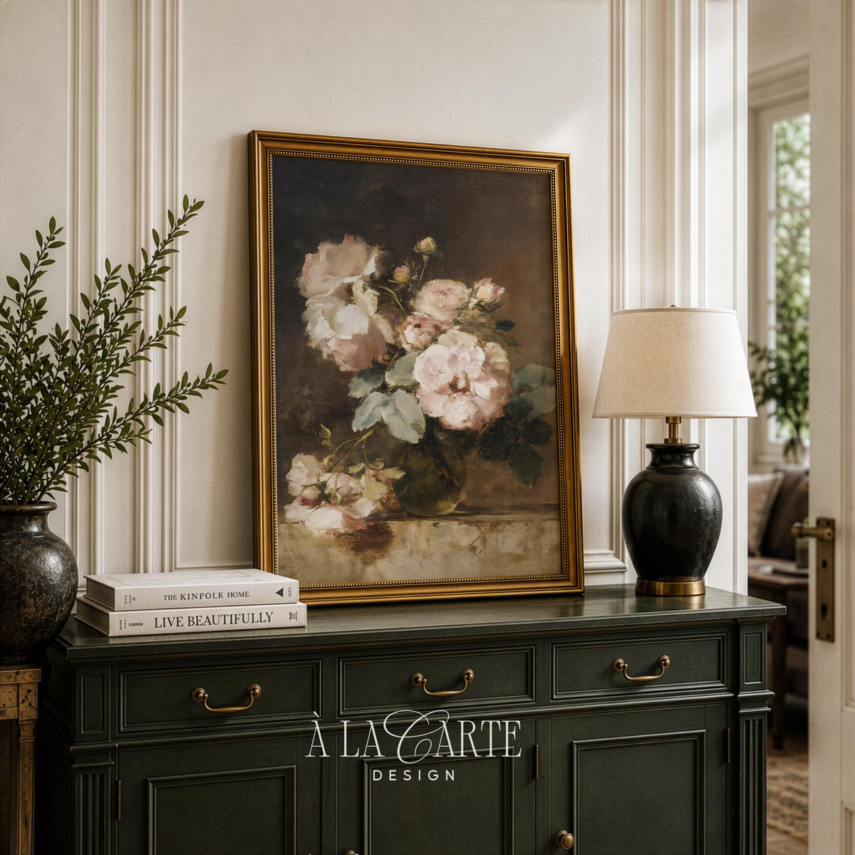 Dark academia floral poster featuring pale blooms — vintage vase arrangement artwork for home