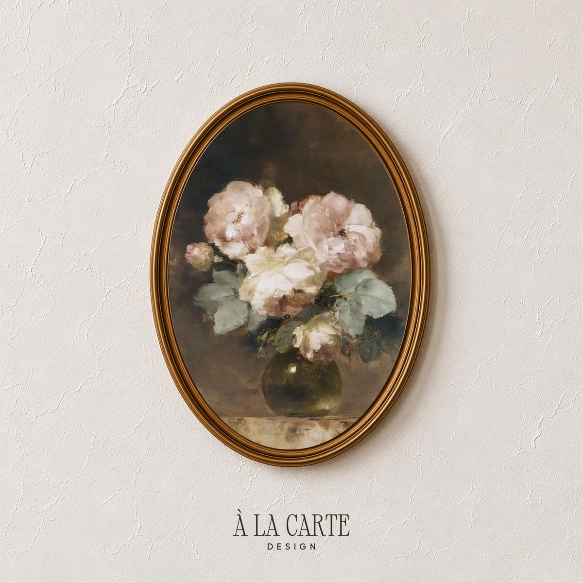 Romantic rose poster printable art — classical still life with textured brushwork and vintage patina effect