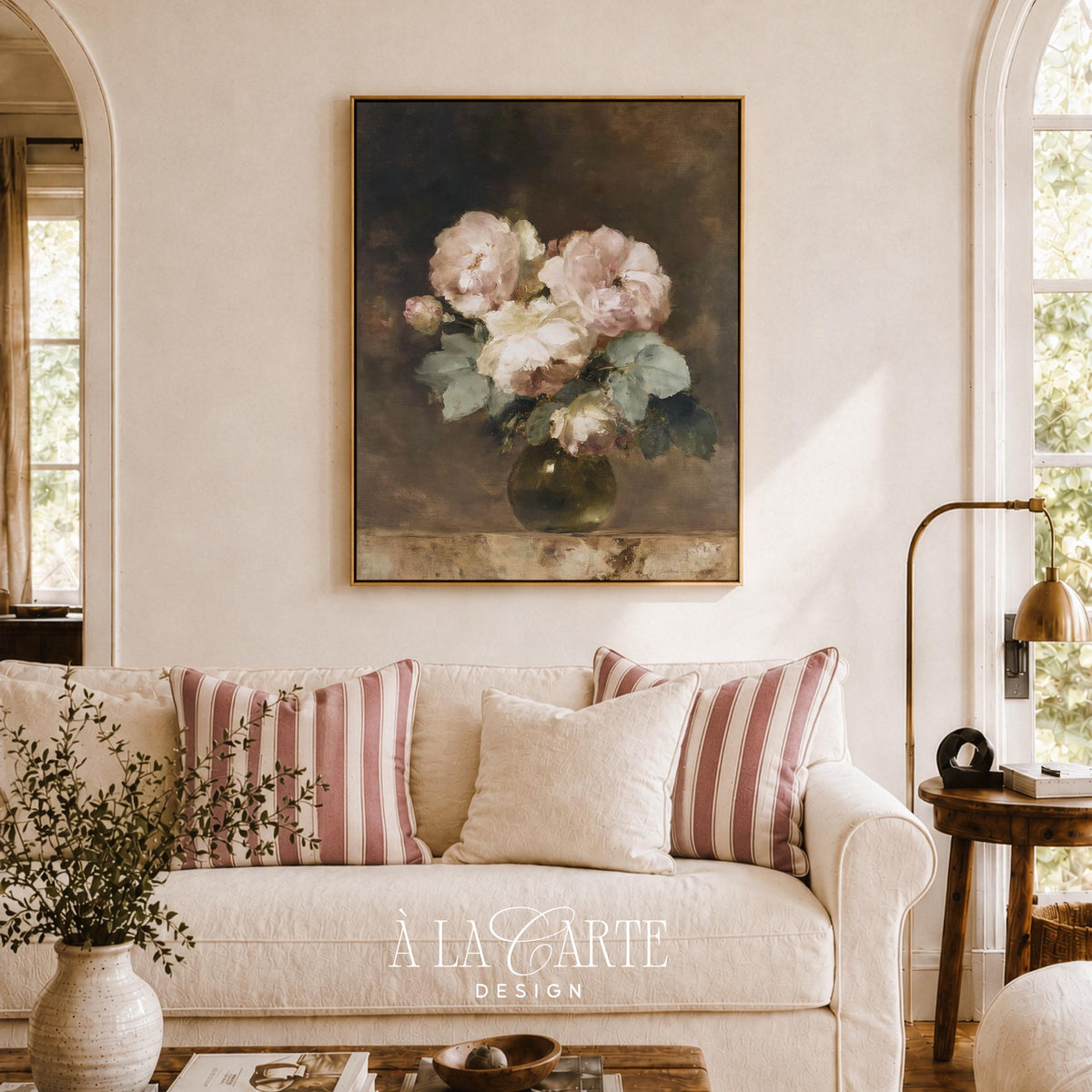 Antique botanical print for dining room — moody vintage flowers in round vase with blended shadow backdrop