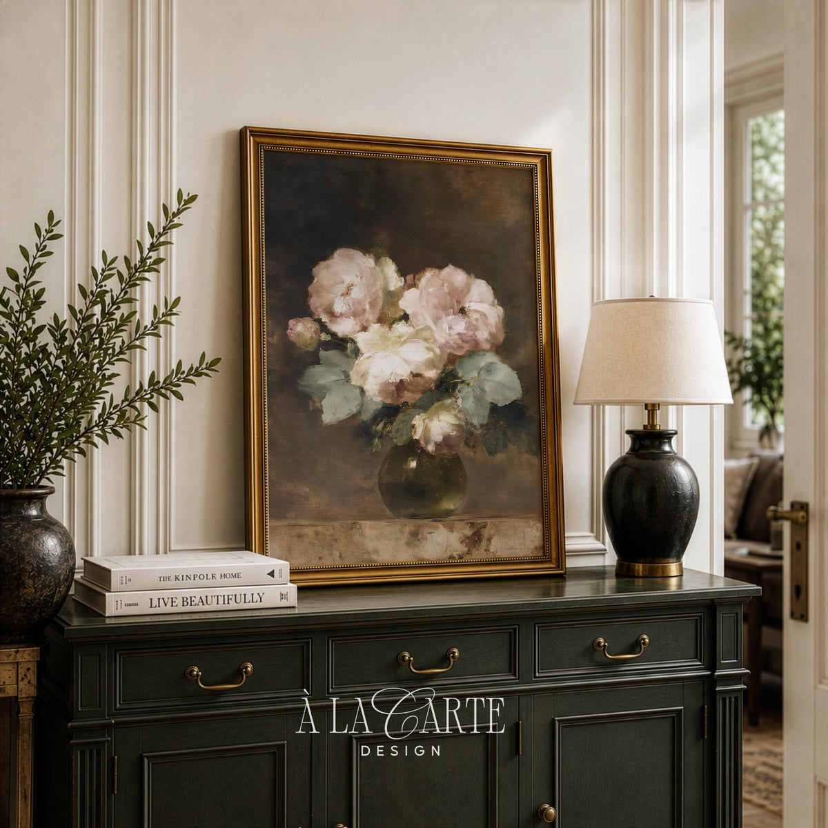 Classic rose arrangement digital artwork — traditional floral still life with sage green foliage, gallery feel