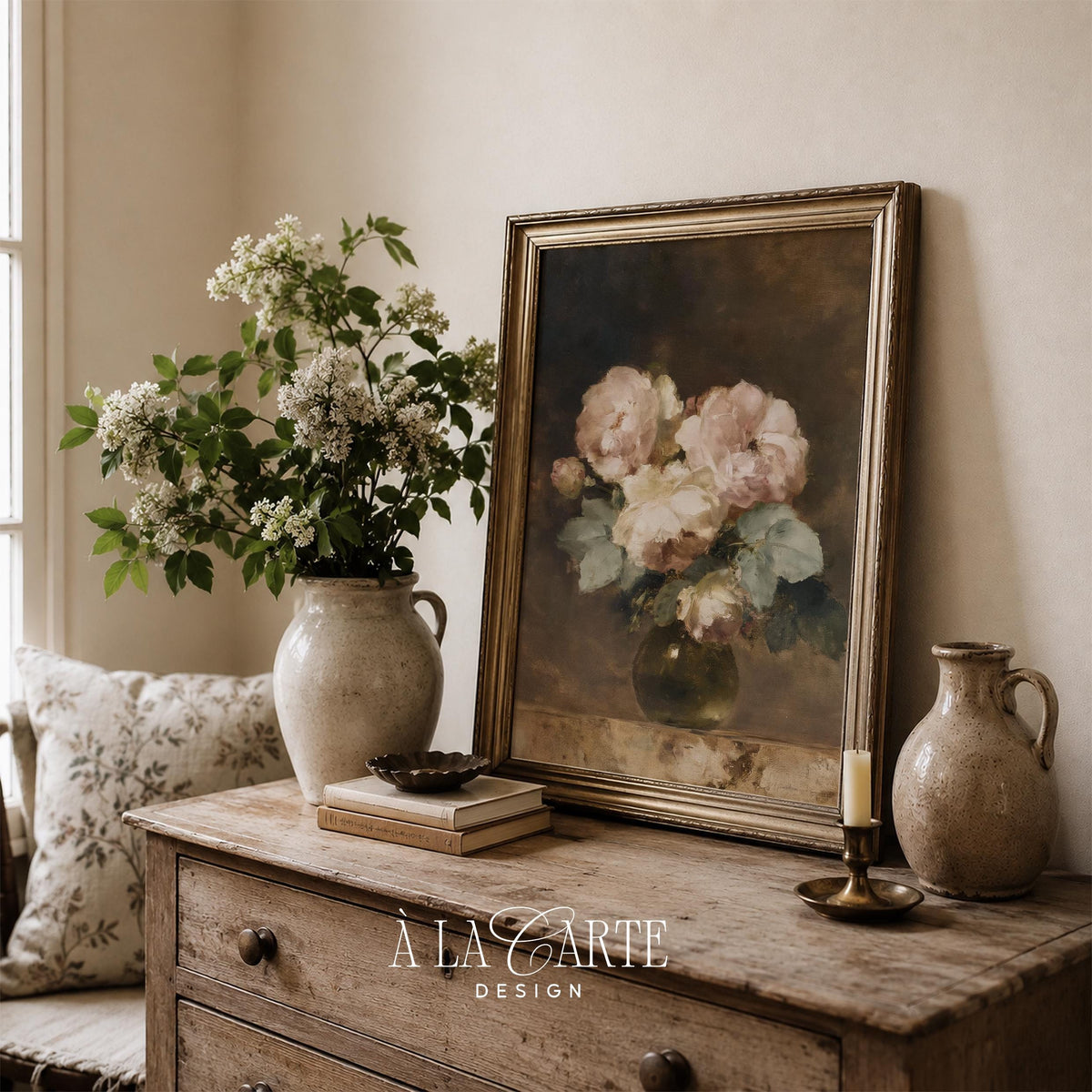 Timeless flower arrangement wall art — antique aesthetic with delicate petals, golden-brown surface details