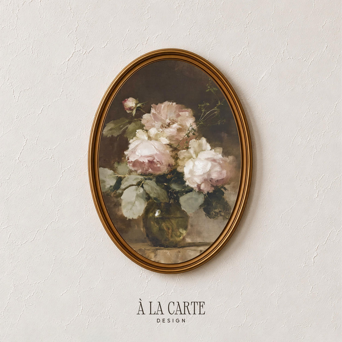 Botanical roses wall decor for living room — timeworn floral painting with sage-green stems and rich shadows