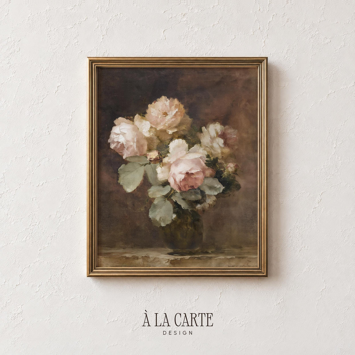 Cottage-style flower painting wall art for bedroom — vintage rose arrangement with muted, aged palette