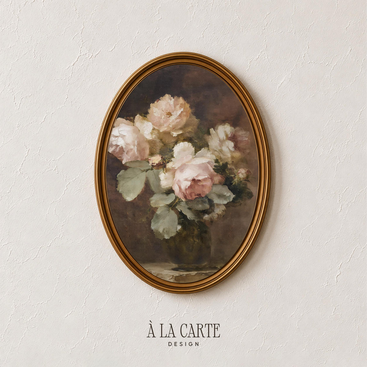 Pastel rose composition artwork for dining room — old-world floral design with textured brushwork and dark backdrop