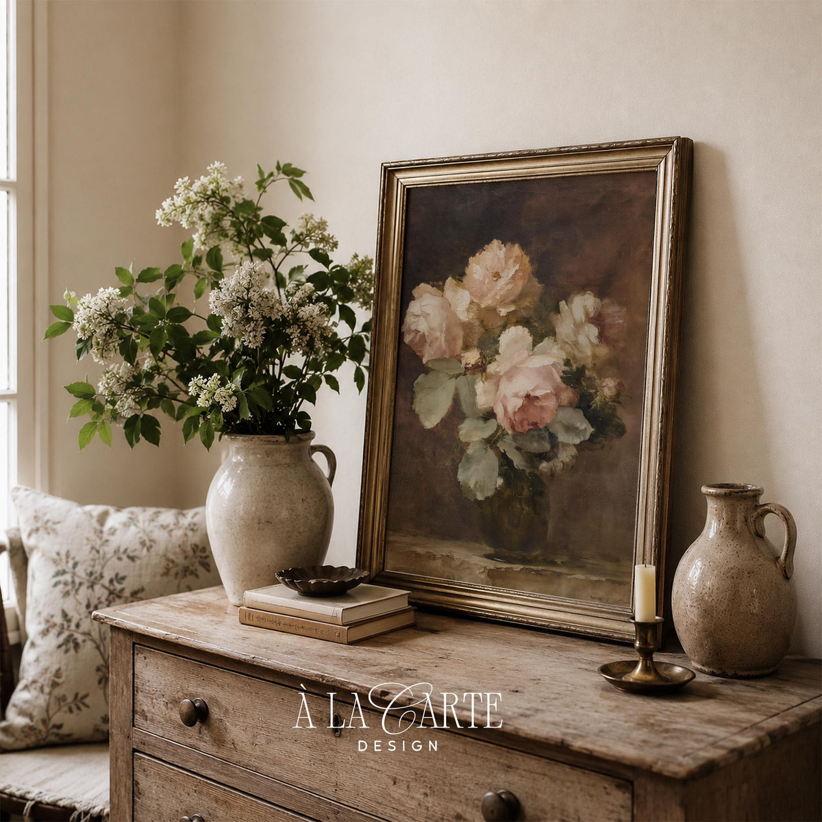 Romantic botanical print digital download — blush florals in green vase with antique-inspired aesthetic