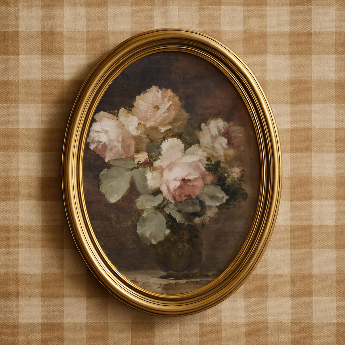 Green glass vase artwork for bedroom — muted vintage floral design with sage foliage and warm brown tones