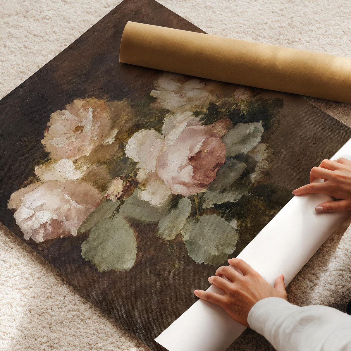 Vintage bouquet wall art printable for entryway — soft romantic florals with rich muted color palette