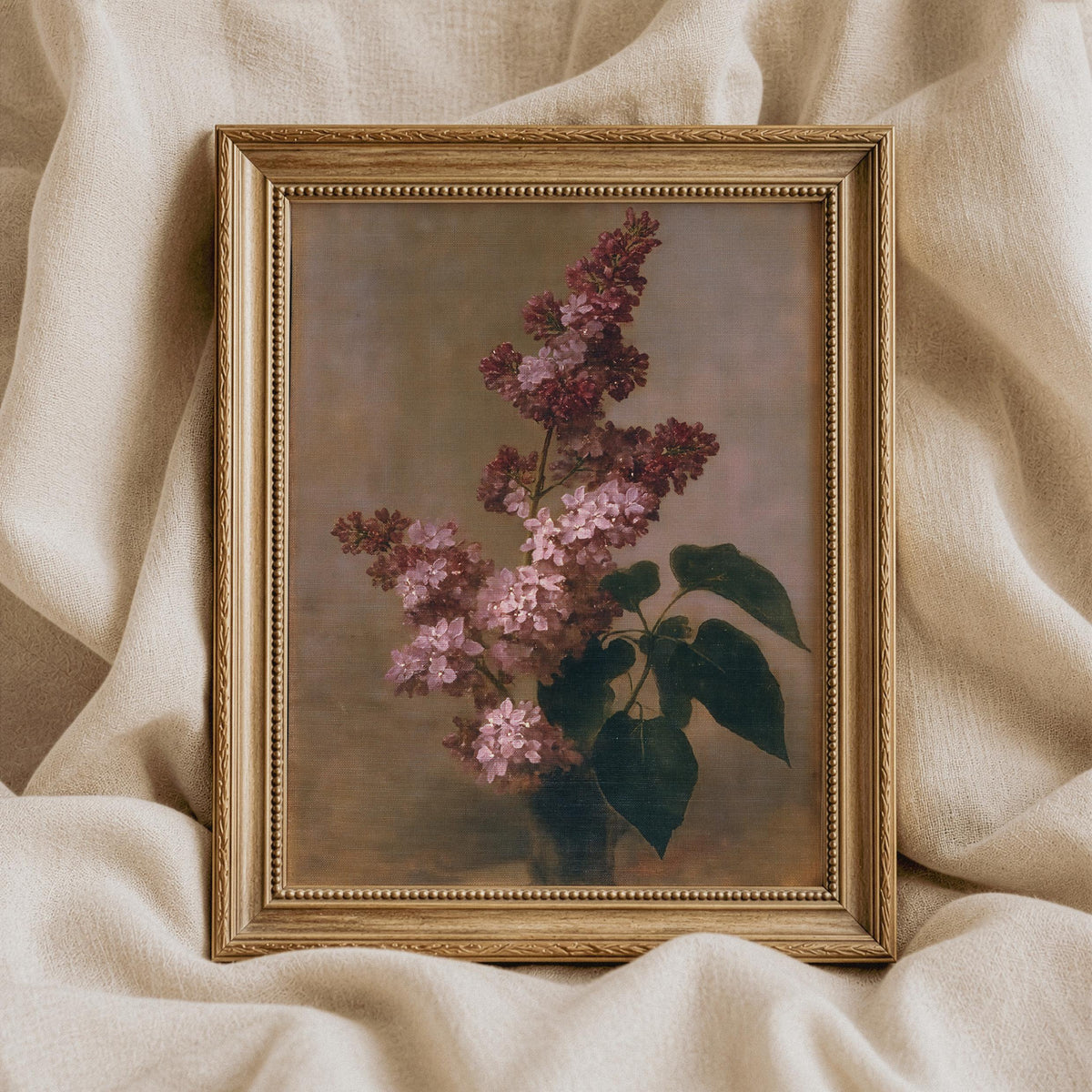 Lilac branch printable art for bedroom — vintage oil painting with soft pink clusters and muted green foliage