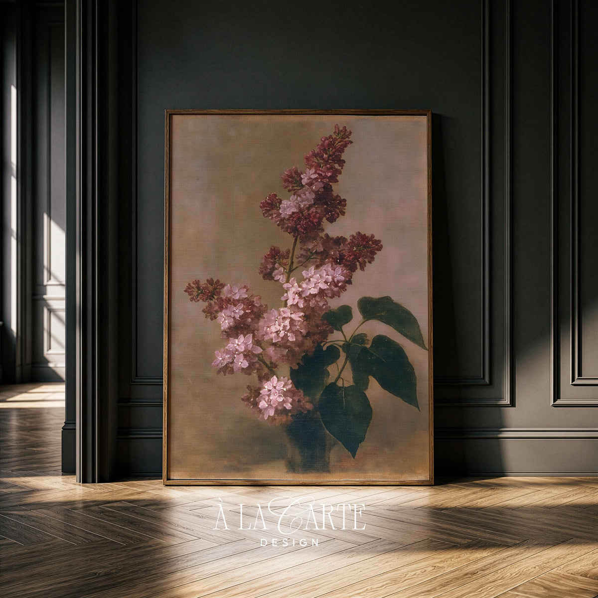 Lilac botanical picture printable — moody cottagecore artwork featuring blooming branches and muted color palette