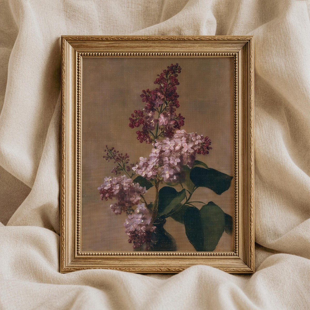 Lilac garden picture — old-world botanical art print with pink blossoms, stems, and nostalgic garden aesthetic