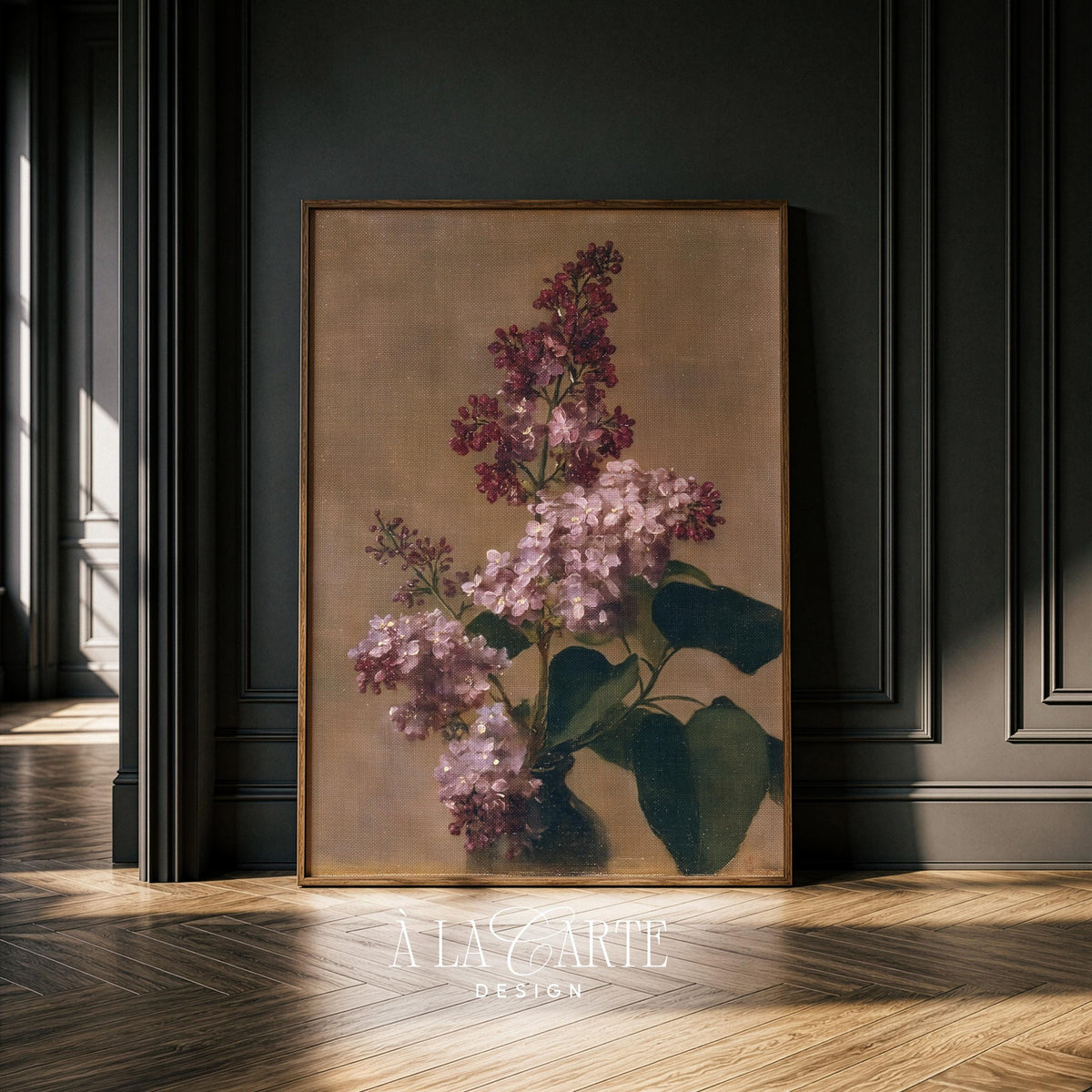 Vintage lilac cluster wall art — muted antique-inspired study with layered blossoms and organic stem details