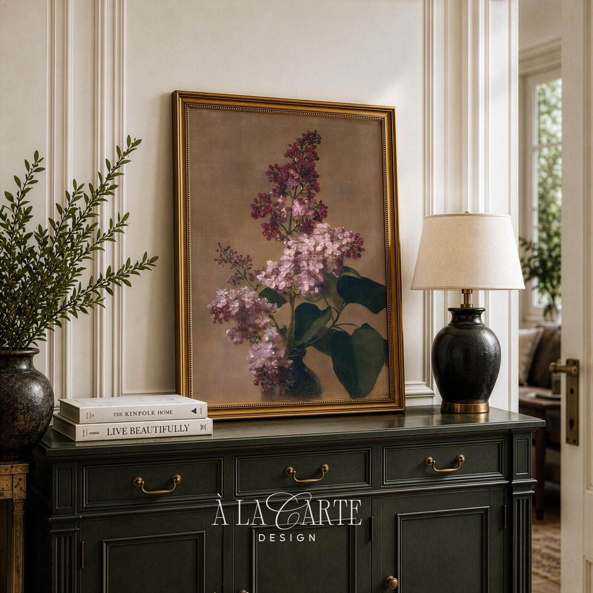 Cottage core botanical wall decor for entryway — vintage lilac painting with textured brushwork and soft tones