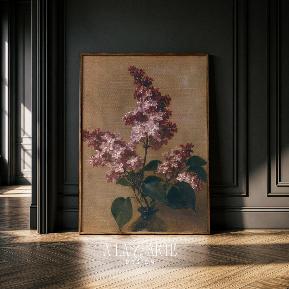 Moody floral wall art printable download — deep plum lilacs with lush foliage in classic composition