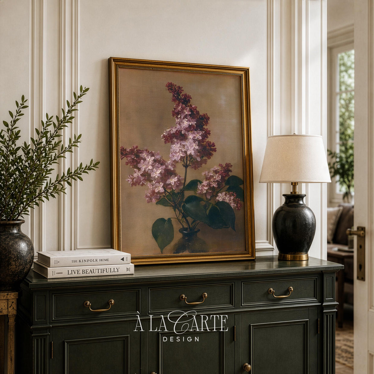 Romantic lilac branch painting poster — soft mauve blooms in antique vase on textured background