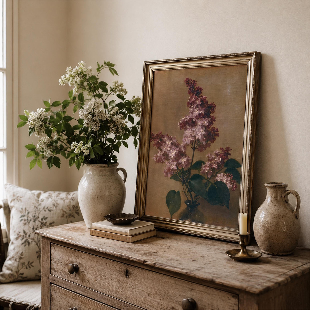 Antique flower arrangement wall art digital print — moody lilac composition with rustic glass vessel and botanical charm