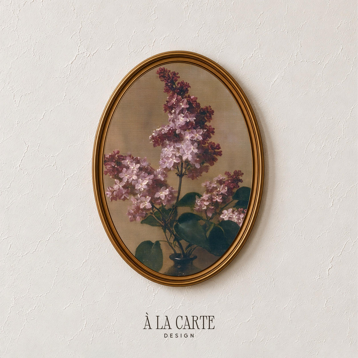 Vintage botanical print wall decor for bedroom — lilac flowers with aged palette and old-world elegance