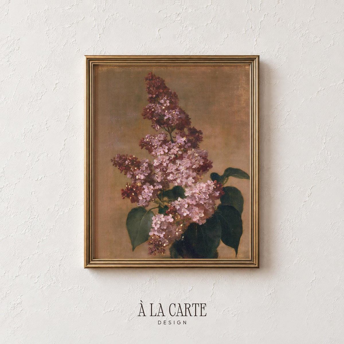 Lilac botanical wall art print — old master still life aesthetic with deep green accents and romantic mood