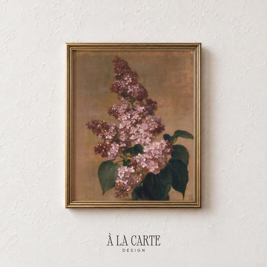 Lilac botanical wall art print — old master still life aesthetic with deep green accents and romantic mood